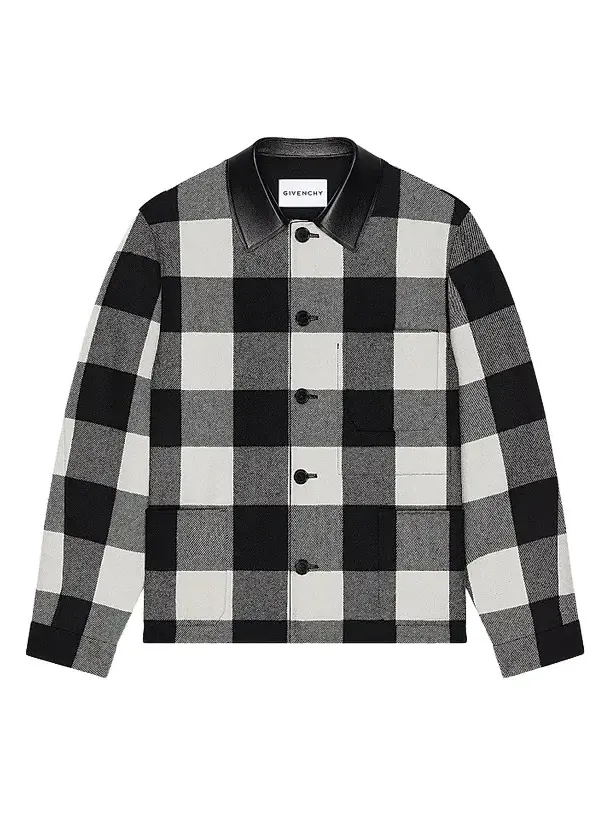 Givenchy Men's Checked Overshirt in Wool with Leather Collar - Cream Black