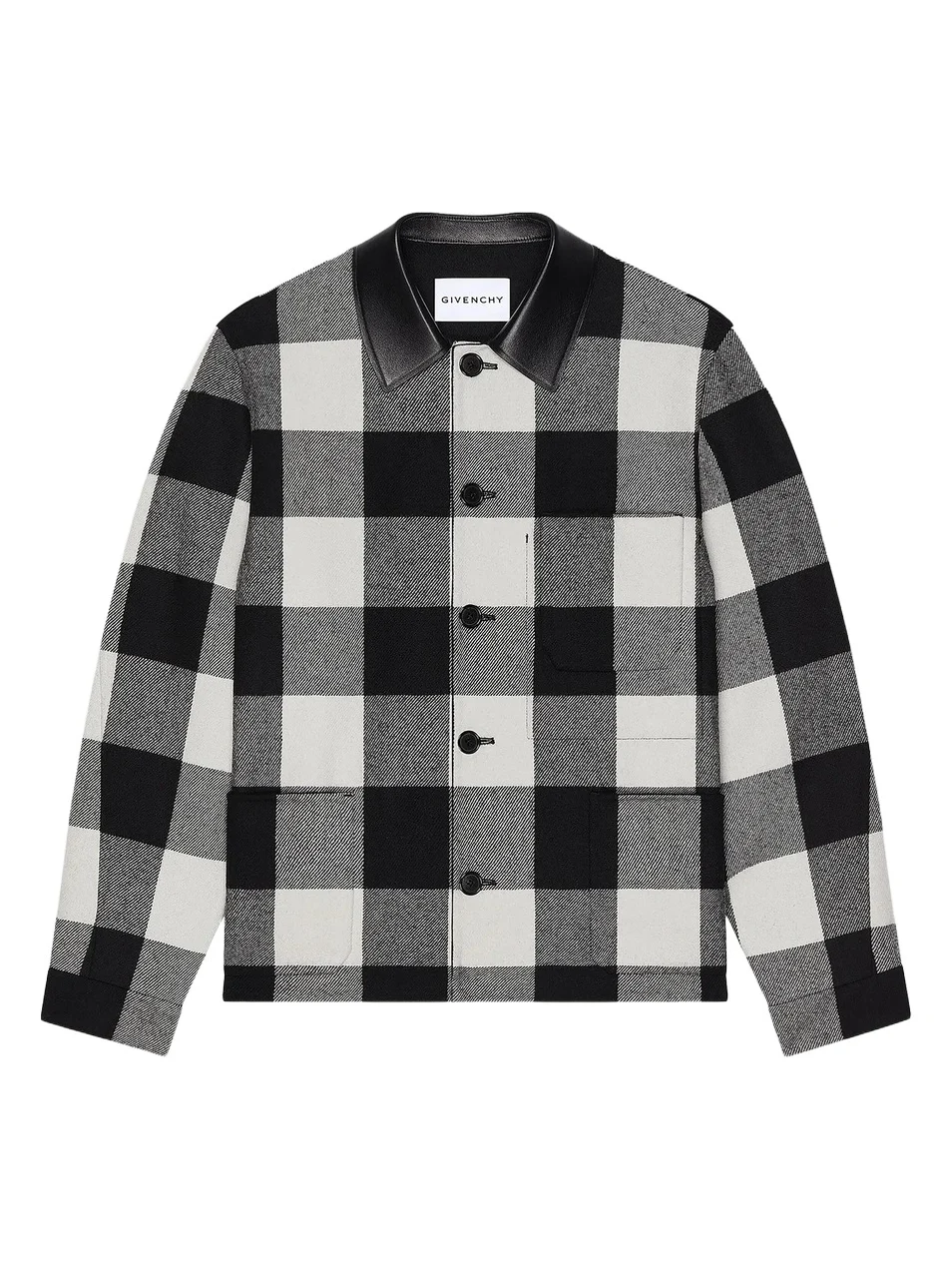 Men's Checked Overshirt in Wool with Leather Collar - Cream Black