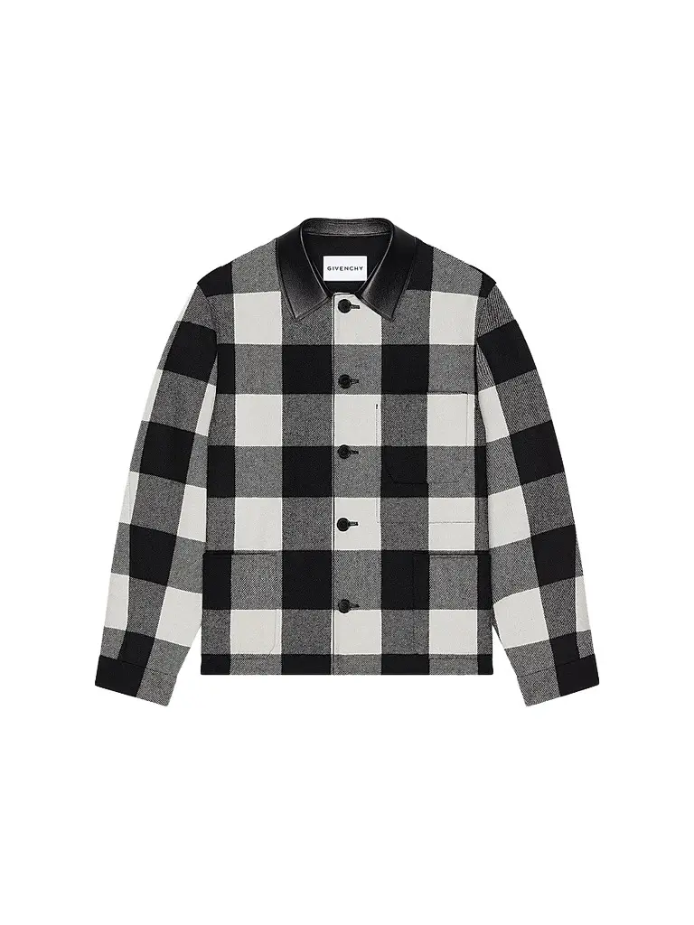 Givenchy Men's Checked Overshirt in Wool with Leather Collar - Cream Black | Image 1 Givenchy Men's Checked Overshirt in Wool with Leather Collar - Cream Black | Image 1