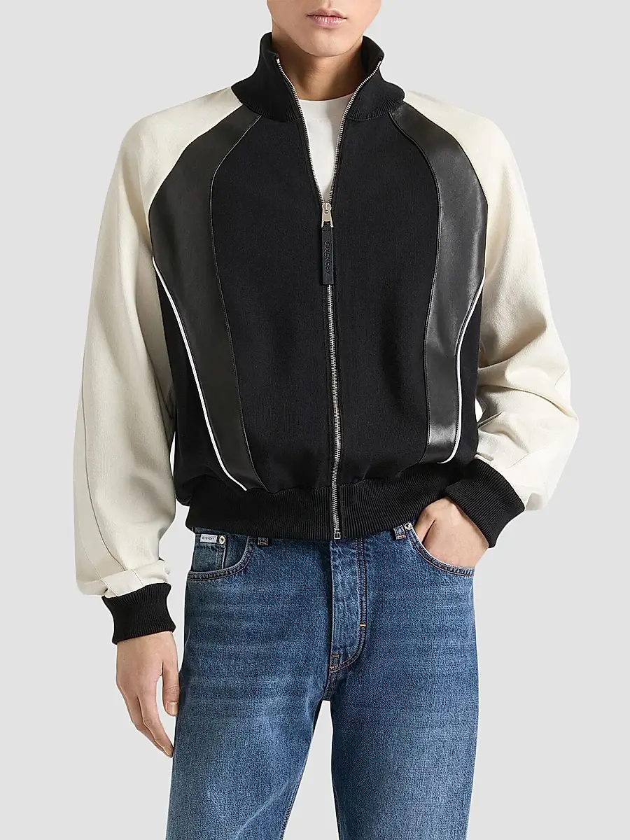 Givenchy Men's Bi-Material Blouson Jacket with Paris Embroidery - Black White | Thumbnail 3 Givenchy Men's Bi-Material Blouson Jacket with Paris Embroidery - Black White | Thumbnail 3