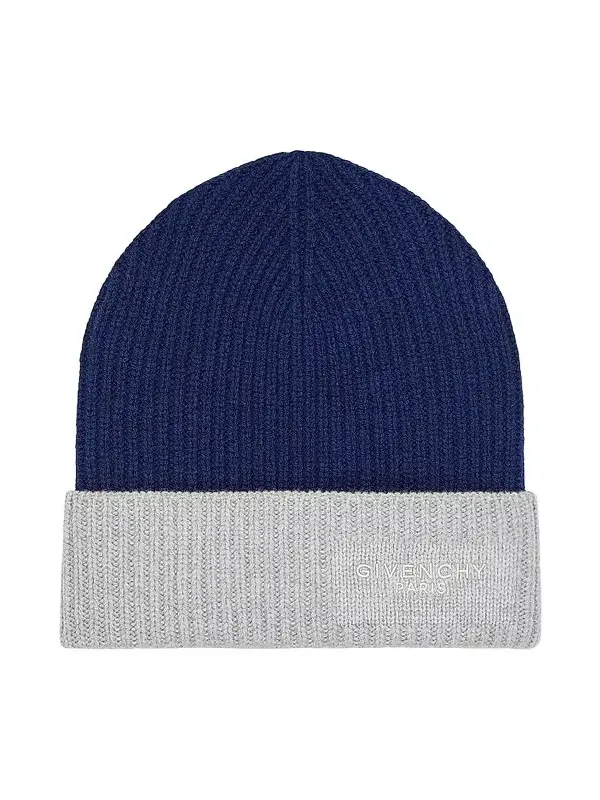 Men's Bicolor Beanie in Wool and Cashmere - Midnight Blue Grey Men's Bicolor Beanie in Wool and Cashmere - Midnight Blue Grey