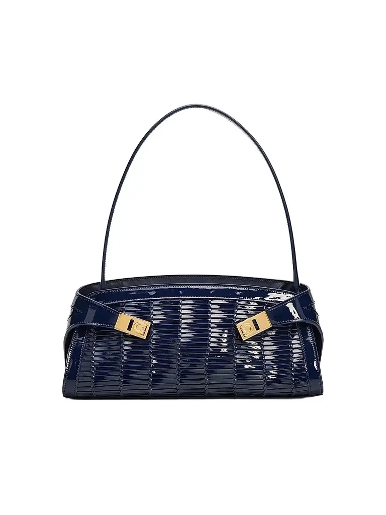 Ferragamo Women's Hug Whispers Patent Leather East-West Shoulder Bag - Navy | Image 1 Ferragamo Women's Hug Whispers Patent Leather East-West Shoulder Bag - Navy | Image 1