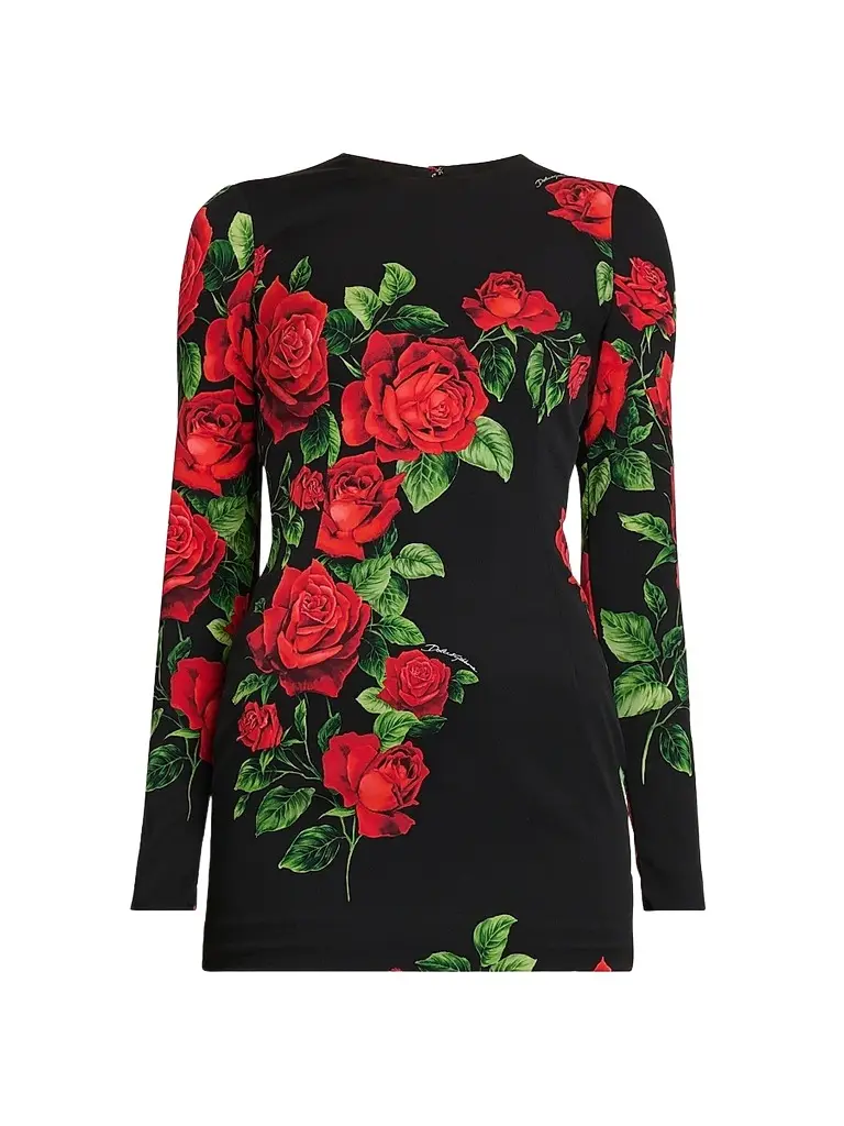 Dolce & Gabbana Women's Floral Stretch-Silk Crewneck Minidress - Rose Rosse Nero | Image 1 Dolce & Gabbana Women's Floral Stretch-Silk Crewneck Minidress - Rose Rosse Nero | Image 1