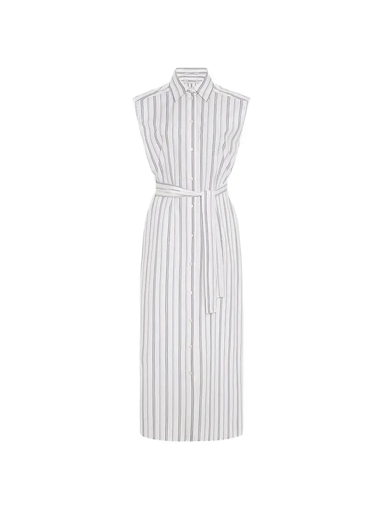 Another Tomorrow Women's Sleeveless Pleat Back Tie Dress - White Navy Stripe - Size Large | Image 1 Another Tomorrow Women's Sleeveless Pleat Back Tie Dress - White Navy Stripe - Size Large | Image 1