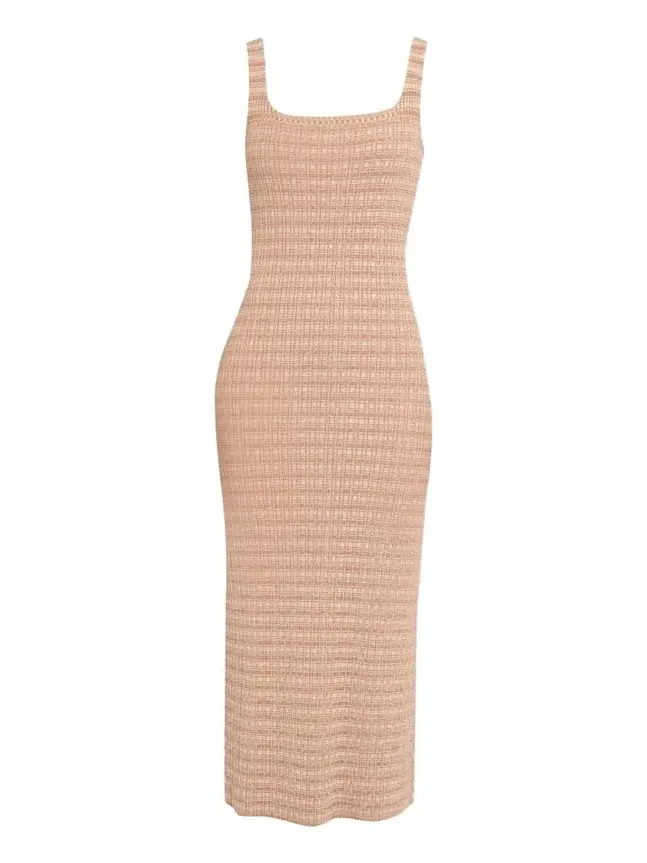 Square-Neck Striped Rib Knit Midi Tank Dress