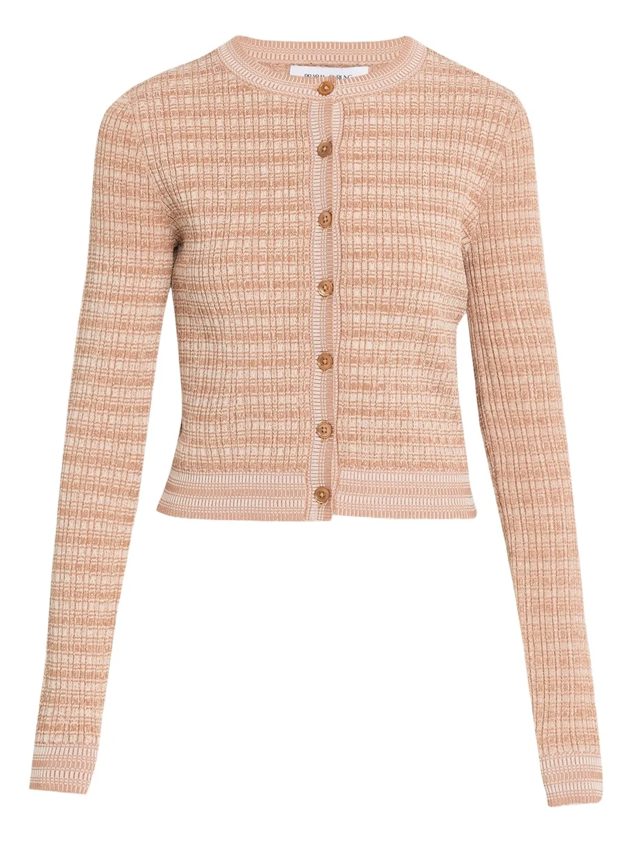 PRABAL GURUNG Striped Rib Knit Fitted Crewneck Cardigan