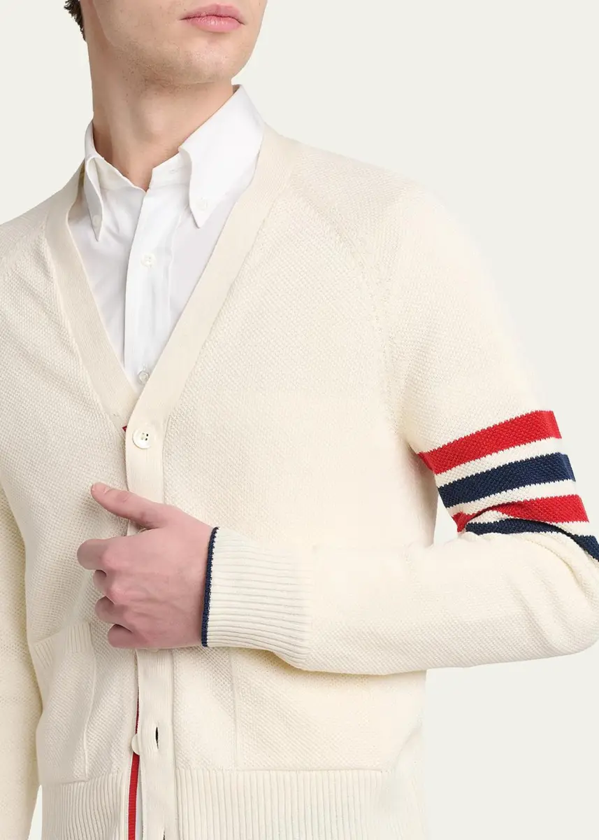Thom Browne Men's Cotton and Linen 4-Bar Sleeve Cardigan | Thumbnail 5 Thom Browne Men's Cotton and Linen 4-Bar Sleeve Cardigan | Thumbnail 5