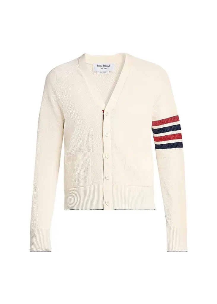 Thom Browne Men's Cotton and Linen 4-Bar Sleeve Cardigan | Image 1 Thom Browne Men's Cotton and Linen 4-Bar Sleeve Cardigan | Image 1