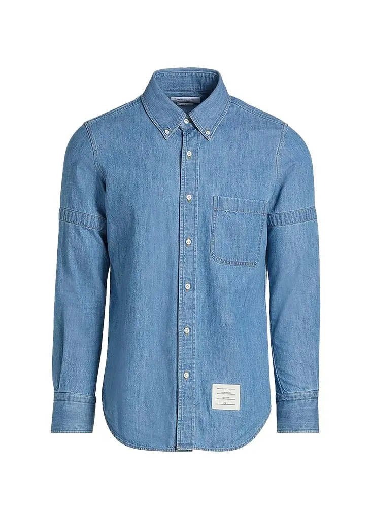 Thom Browne Men's Chambray Nametag Button-Down Shirt | Image 1 Thom Browne Men's Chambray Nametag Button-Down Shirt | Image 1