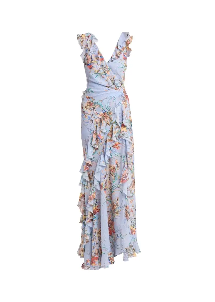 Etro Floral-Print Seersucker Ruffled Slit Maxi Dress