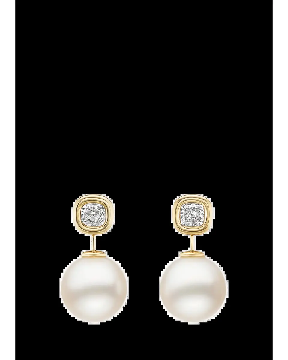 Brent Neale 18K Yellow Gold Diamond Cushion and Pearl Drop Earrings | Thumbnail 2 Brent Neale 18K Yellow Gold Diamond Cushion and Pearl Drop Earrings | Thumbnail 2