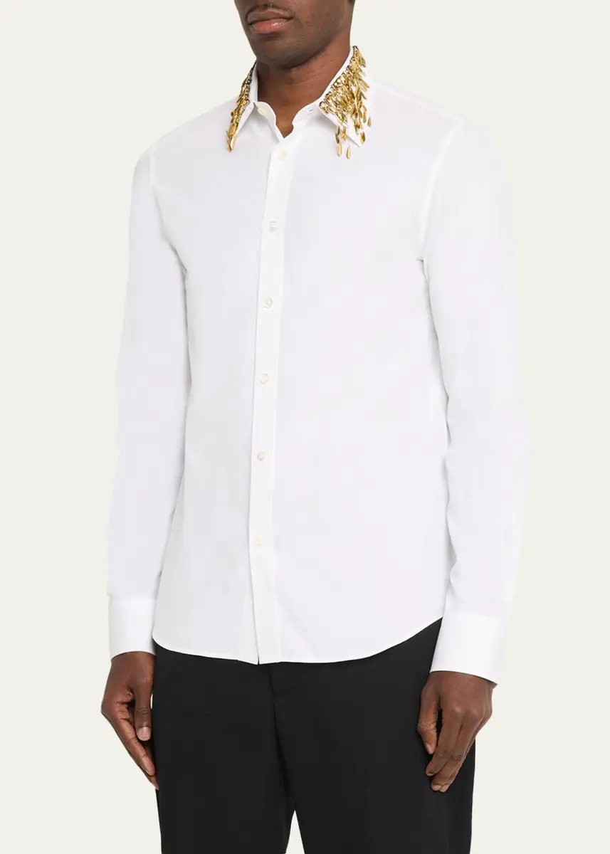 Alexander McQueen Men's Metal Leaves and Crystal-Embellished Collar Poplin Dress Shirt | Thumbnail 4