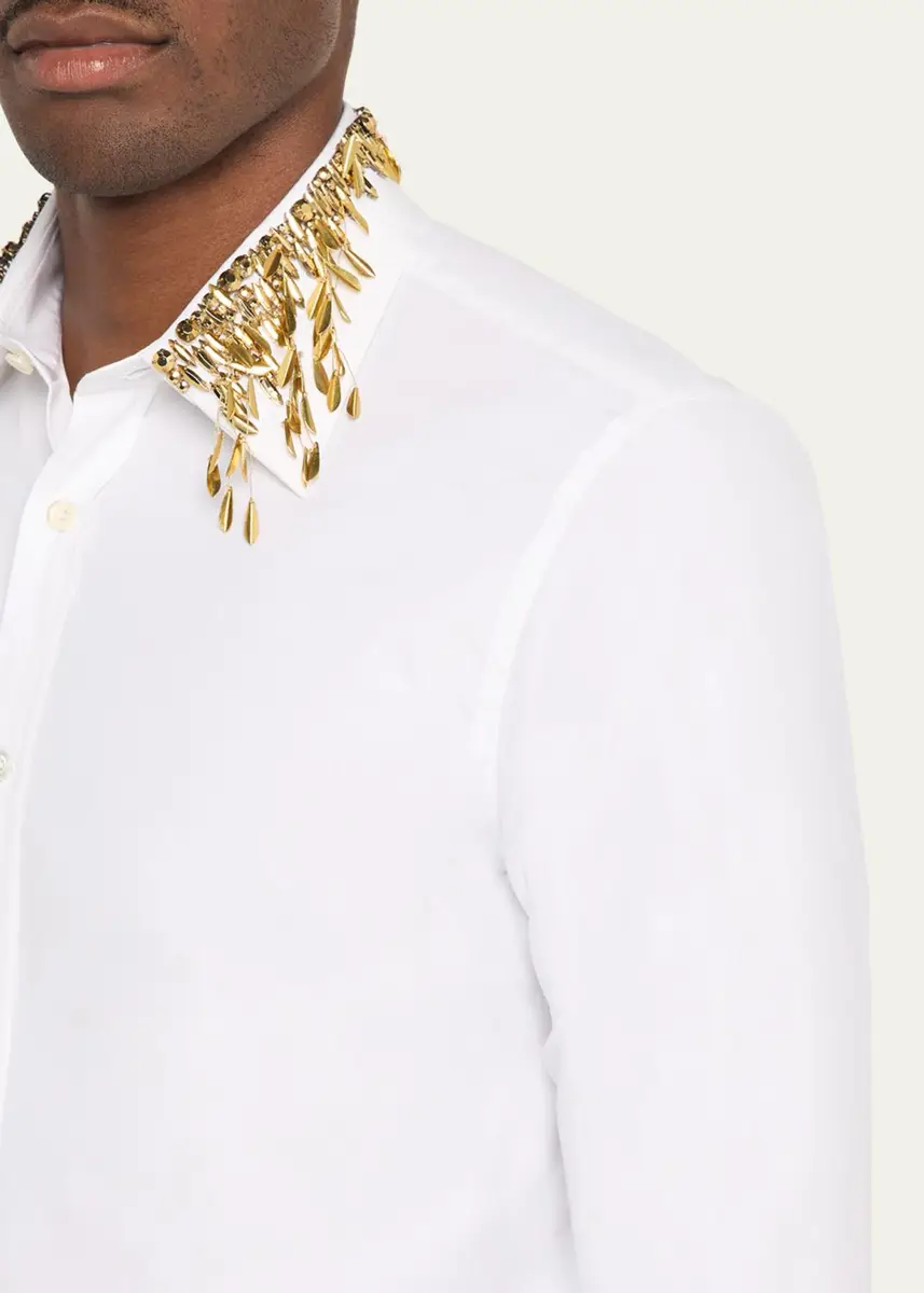 Alexander McQueen Men's Metal Leaves and Crystal-Embellished Collar Poplin Dress Shirt | Thumbnail 5