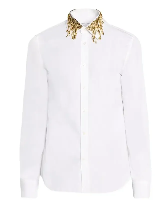 Men's Metal Leaves and Crystal-Embellished Collar Poplin Dress Shirt