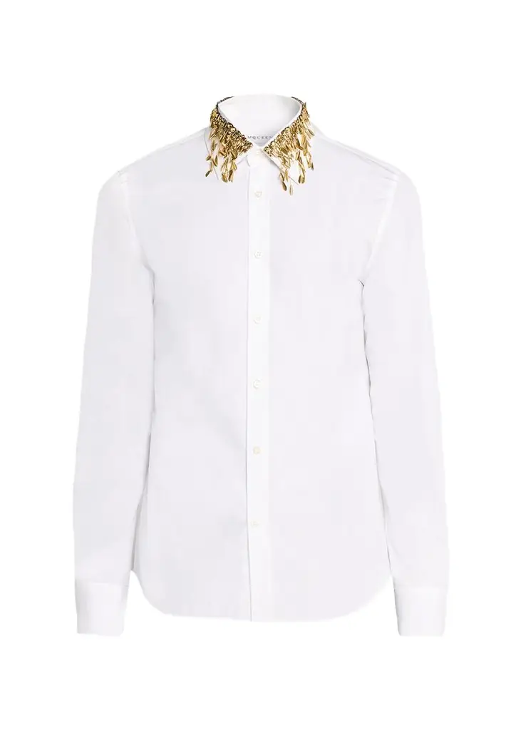 McQueen Men's Metal Leaves and Crystal-Embellished Collar Poplin Dress Shirt | Image 1 McQueen Men's Metal Leaves and Crystal-Embellished Collar Poplin Dress Shirt | Image 1