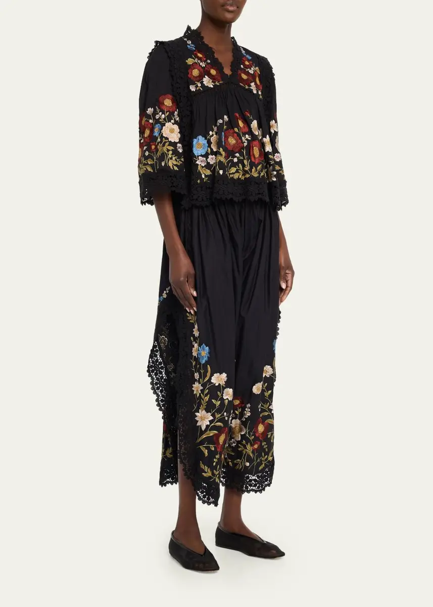 Sea Floral Embroidered Cotton & Lace Wide-Leg Culotte Pants | Thumbnail 2 Sea Floral Embroidered Cotton & Lace Wide-Leg Culotte Pants | Thumbnail 2