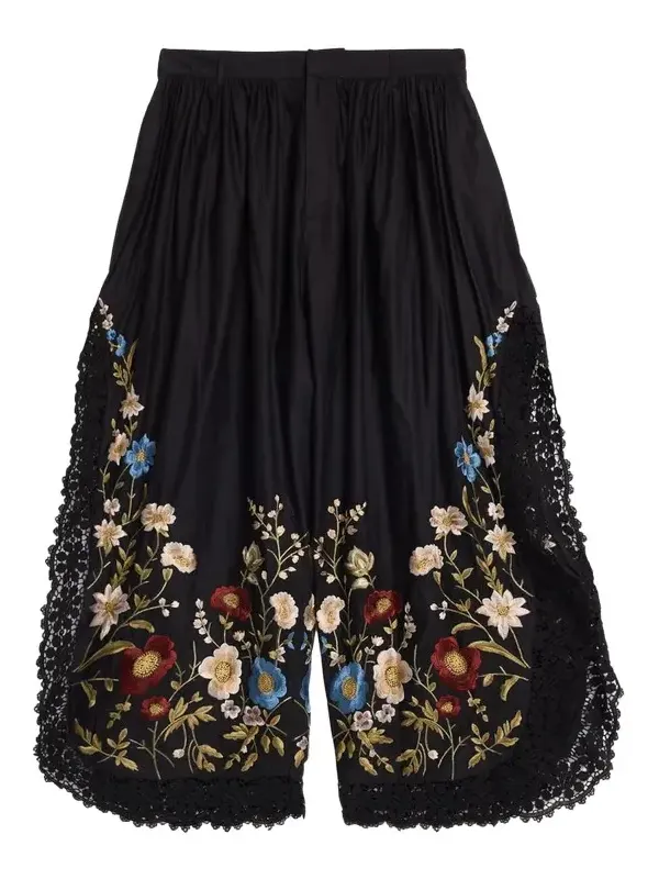 Sea Floral Embroidered Cotton & Lace Wide-Leg Culotte Pants | Thumbnail 1 Sea Floral Embroidered Cotton & Lace Wide-Leg Culotte Pants | Thumbnail 1