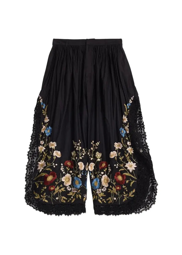 Sea Floral Embroidered Cotton & Lace Wide-Leg Culotte Pants | Image 1 Sea Floral Embroidered Cotton & Lace Wide-Leg Culotte Pants | Image 1