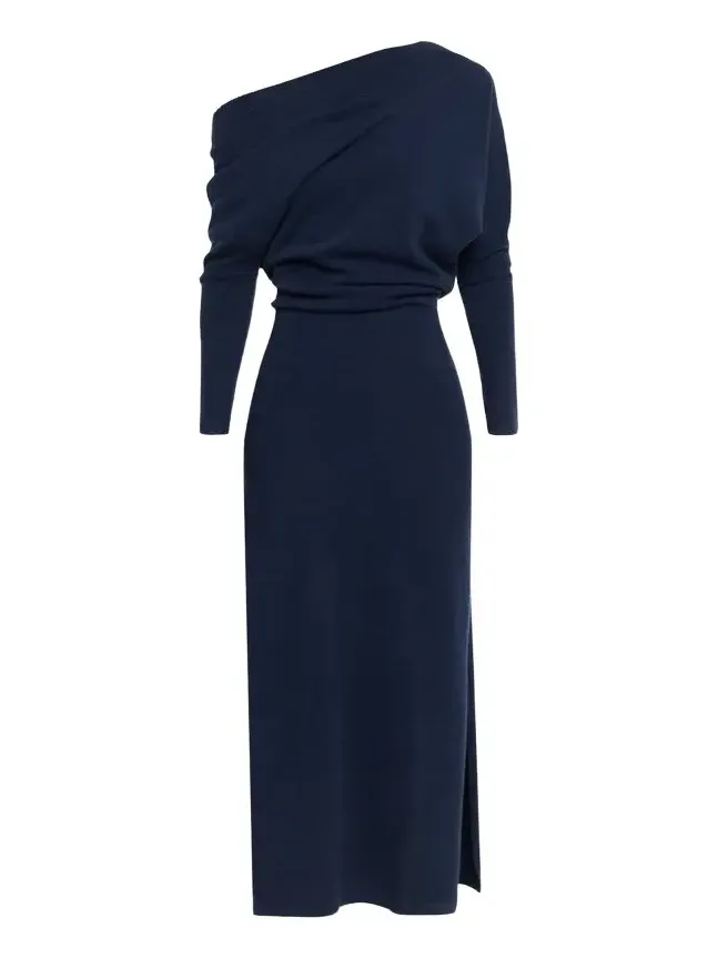 Kasos One-Shoulder Draped Cashmere Midi Dress Kasos One-Shoulder Draped Cashmere Midi Dress