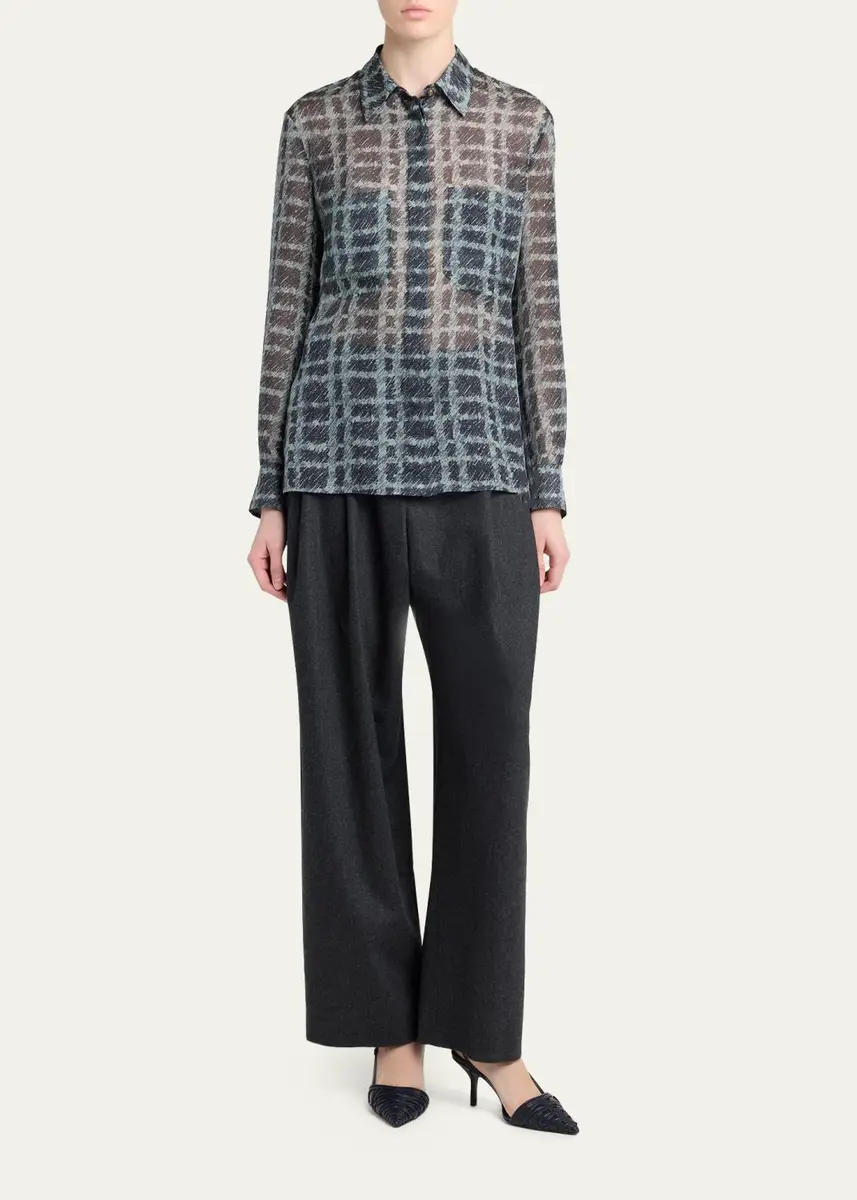 Giorgio Armani Sheer Silk Plaid Button-Front Shirt | Thumbnail 2