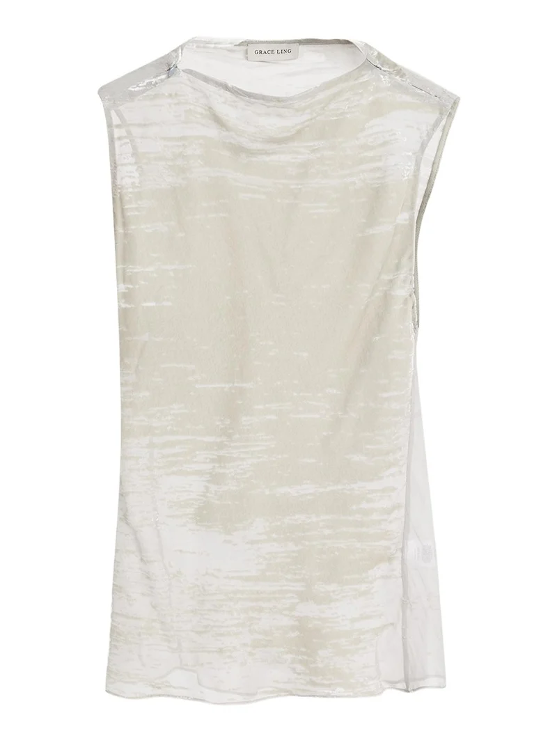 Grace Ling Boat-Neck Glitch Velvet Burnout Sleeveless Top