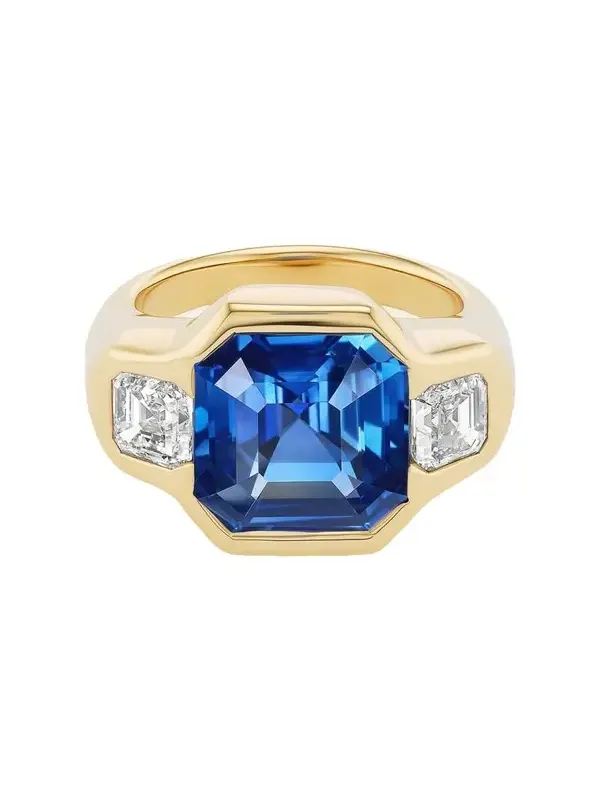 One-of-a-Kind 18K Yellow Gold Asscher Blue Sapphire Ring with Diamonds One-of-a-Kind 18K Yellow Gold Asscher Blue Sapphire Ring with Diamonds