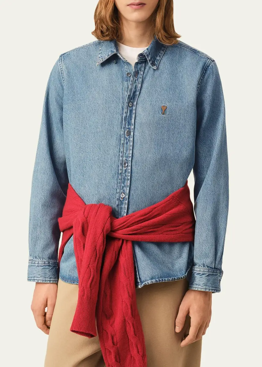 AMI PARIS Men's Ami de Coeur Denim Button-Down Shirt | Thumbnail 4 AMI PARIS Men's Ami de Coeur Denim Button-Down Shirt | Thumbnail 4