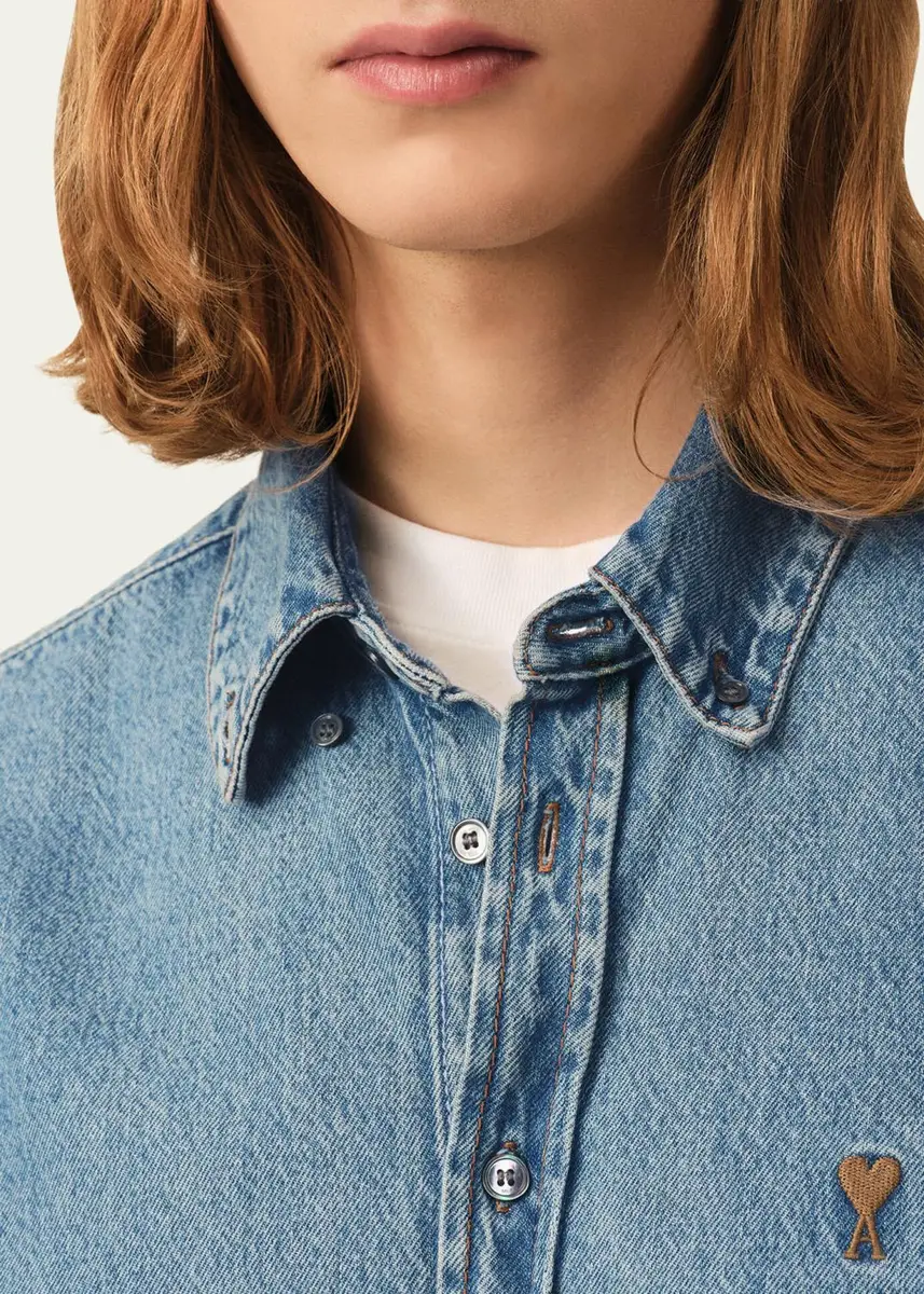 AMI PARIS Men's Ami de Coeur Denim Button-Down Shirt | Thumbnail 5 AMI PARIS Men's Ami de Coeur Denim Button-Down Shirt | Thumbnail 5