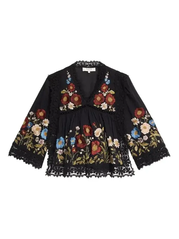 Ruwa Embroidered V-Neck Long-Sleeve Top With Lace Trim