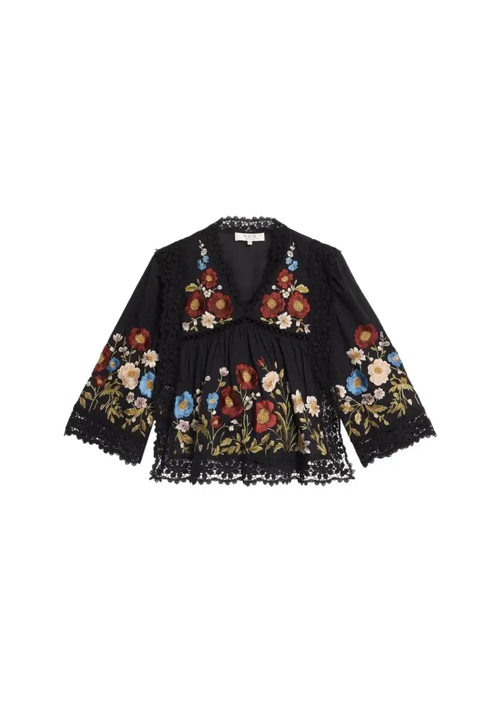 Ruwa Embroidered V-Neck Long-Sleeve Top With Lace Trim Ruwa Embroidered V-Neck Long-Sleeve Top With Lace Trim