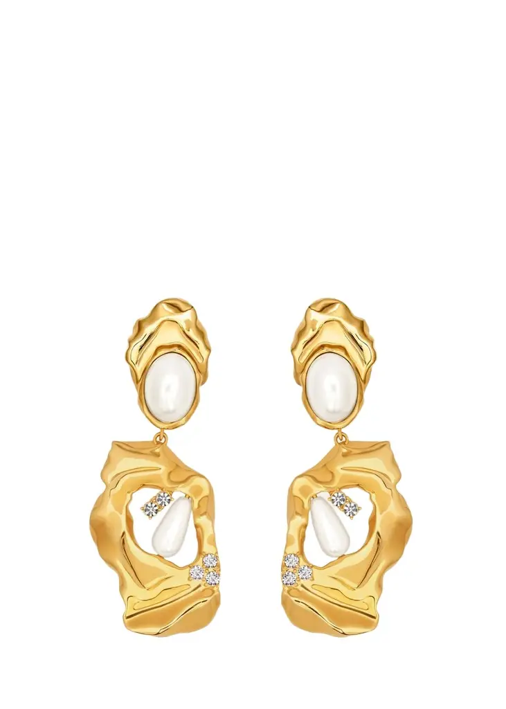Oscar de la Renta Hammered Pearly Large Drop Earrings | Image 1 Oscar de la Renta Hammered Pearly Large Drop Earrings | Image 1