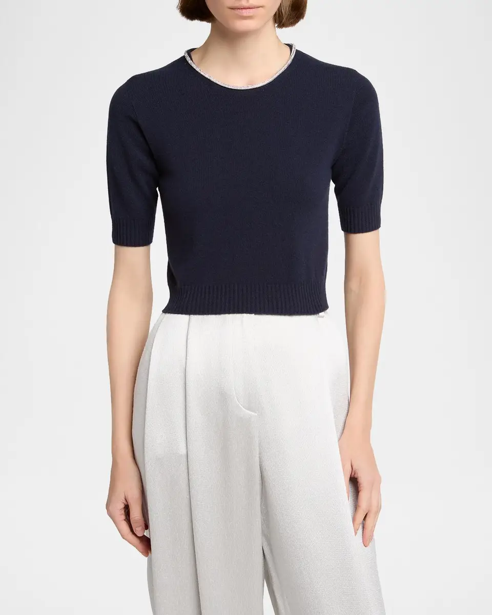 Giorgio Armani Crystal Crewneck Short-Sleeve Silk Knit Crop Shirt | Thumbnail 4 Giorgio Armani Crystal Crewneck Short-Sleeve Silk Knit Crop Shirt | Thumbnail 4