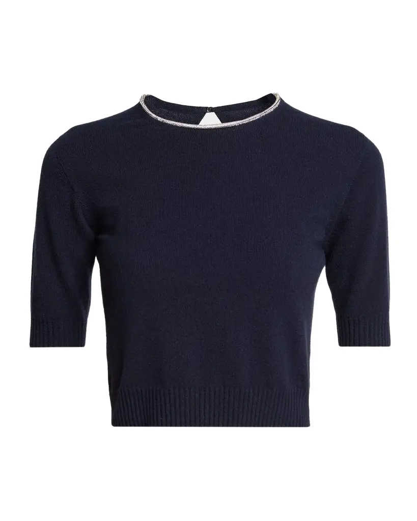 Giorgio Armani Crystal Crewneck Short-Sleeve Silk Knit Crop Shirt | Image 1 Giorgio Armani Crystal Crewneck Short-Sleeve Silk Knit Crop Shirt | Image 1