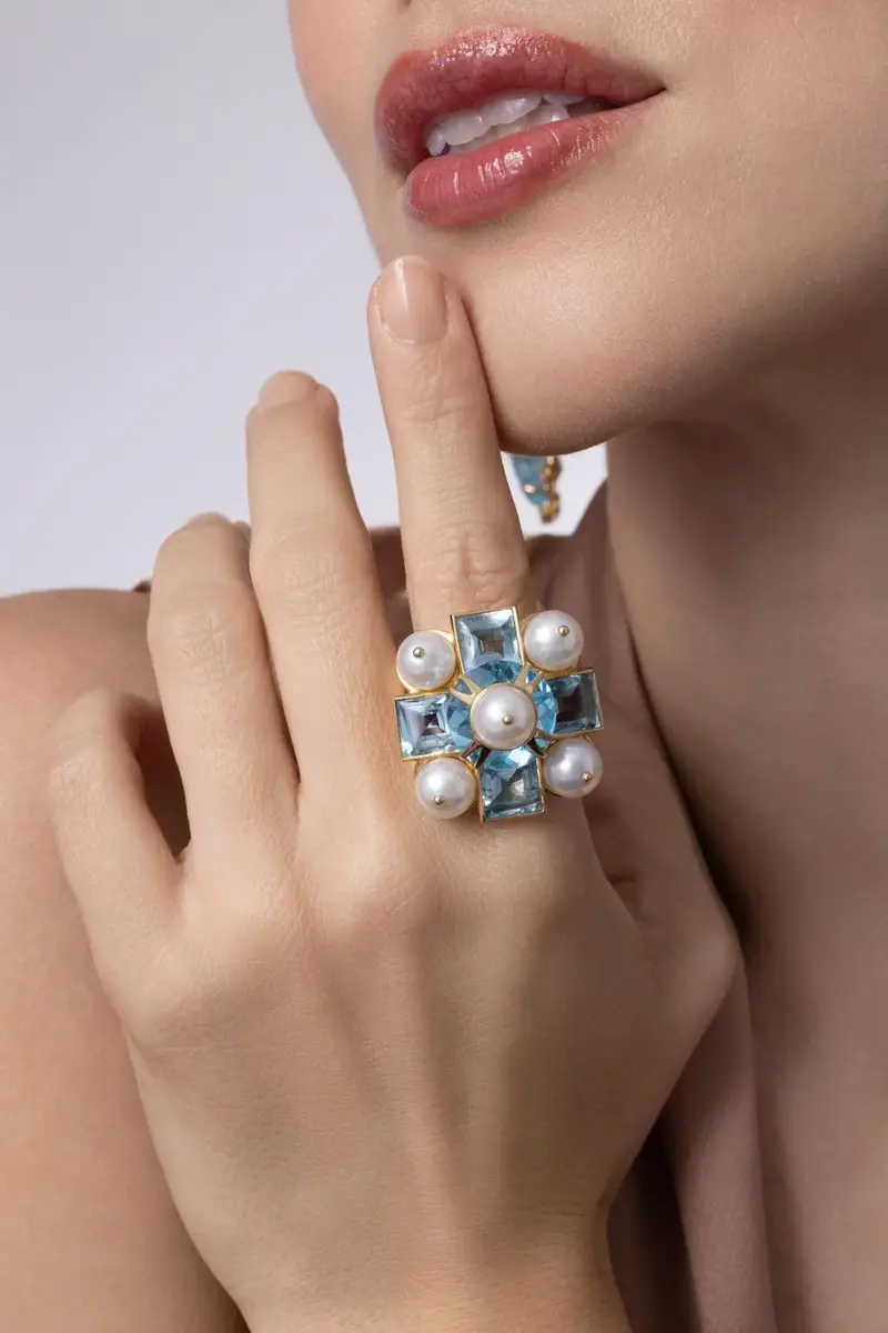 TONY DUQUETTE Blue Topaz Pearl Cross Ring | Thumbnail 2 TONY DUQUETTE Blue Topaz Pearl Cross Ring | Thumbnail 2