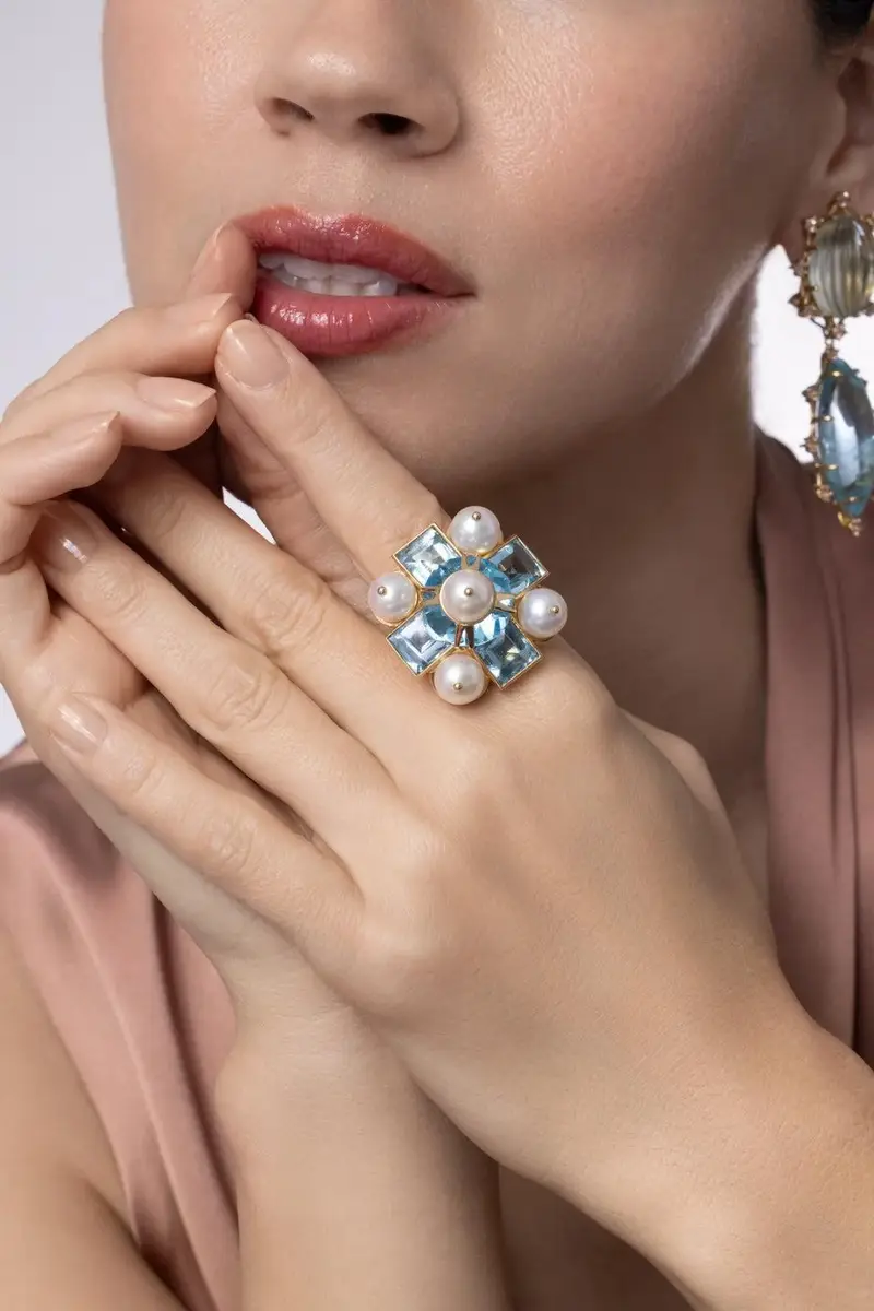TONY DUQUETTE Blue Topaz Pearl Cross Ring | Thumbnail 3 TONY DUQUETTE Blue Topaz Pearl Cross Ring | Thumbnail 3