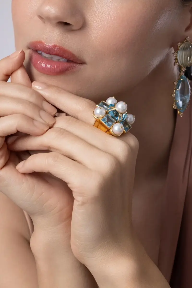 TONY DUQUETTE Blue Topaz Pearl Cross Ring | Thumbnail 4 TONY DUQUETTE Blue Topaz Pearl Cross Ring | Thumbnail 4