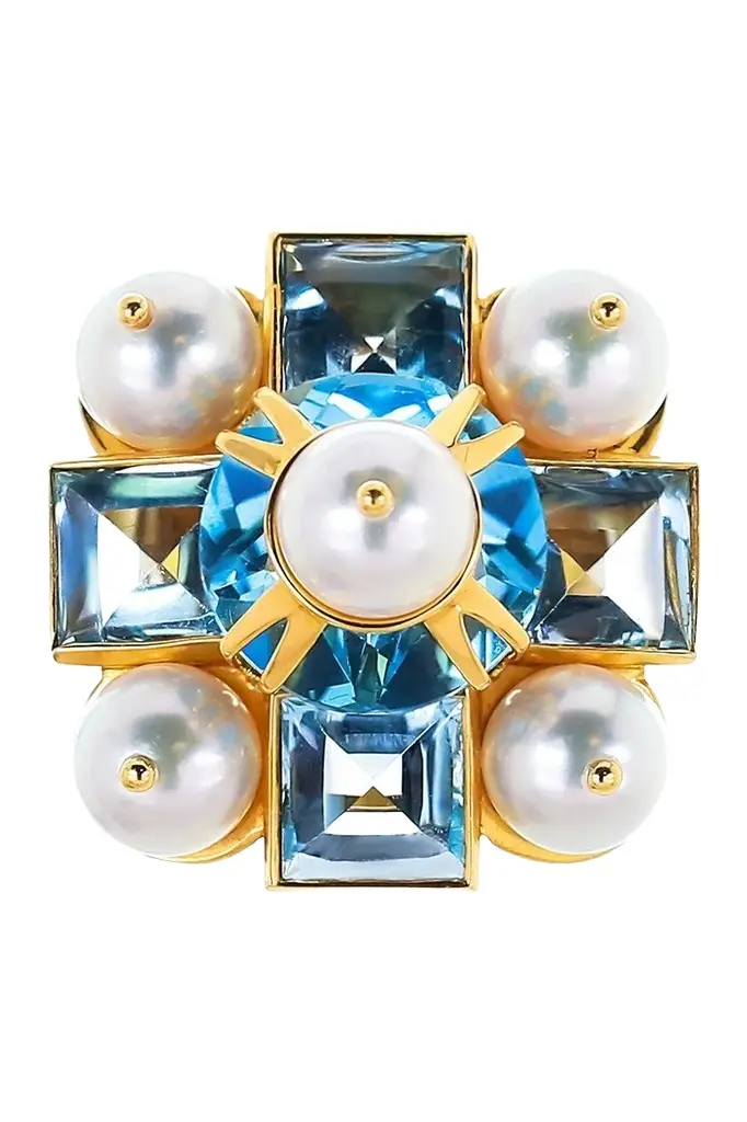 TONY DUQUETTE Blue Topaz Pearl Cross Ring