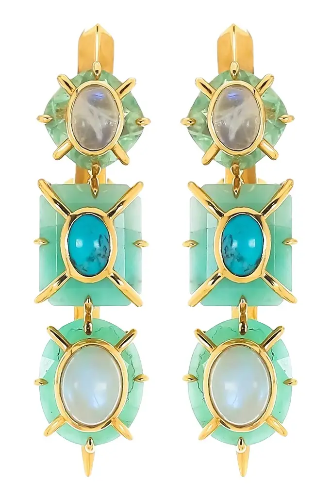 TONY DUQUETTE Emerald Moonstone Fluorite Turquoise Drop Earrings