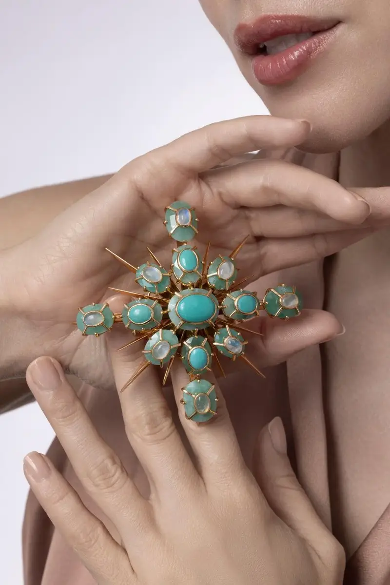 TONY DUQUETTE Emerald Turquoise Moonstone Brooch | Thumbnail 2 TONY DUQUETTE Emerald Turquoise Moonstone Brooch | Thumbnail 2