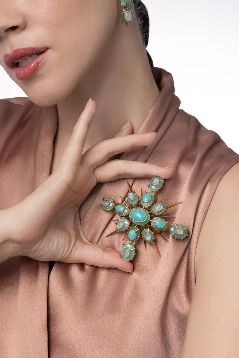 TONY DUQUETTE Emerald Turquoise Moonstone Brooch | Thumbnail 4 TONY DUQUETTE Emerald Turquoise Moonstone Brooch | Thumbnail 4