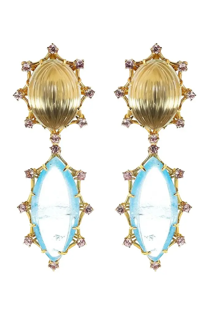 Green Amethyst Aquamarine Garnet Drop Earrings Green Amethyst Aquamarine Garnet Drop Earrings