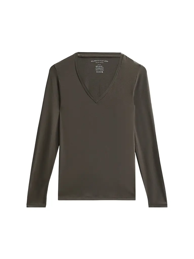 Majestic Filatures Women's Soft Touch Long-Sleeve V-Neck T-Shirt - Volcanic Rock | Image 1 Majestic Filatures Women's Soft Touch Long-Sleeve V-Neck T-Shirt - Volcanic Rock | Image 1