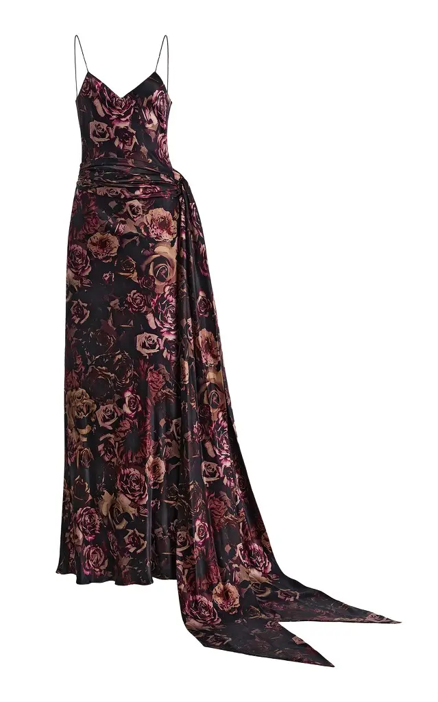 Rodarte Rose-Print Silk-Satin Slip Scarf Gown