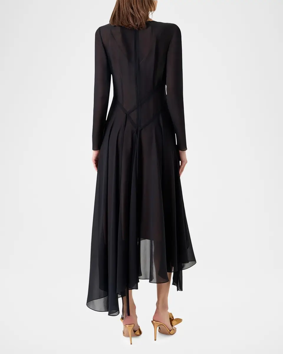 Akris Asymmetric Seamed Silk Georgette Long-Sleeve Midi Dress | Thumbnail 3