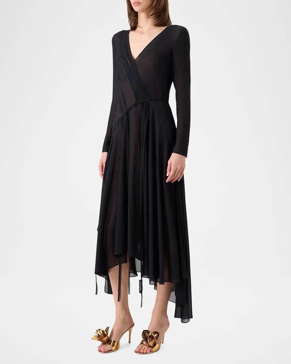 Akris Asymmetric Seamed Silk Georgette Long-Sleeve Midi Dress | Thumbnail 4