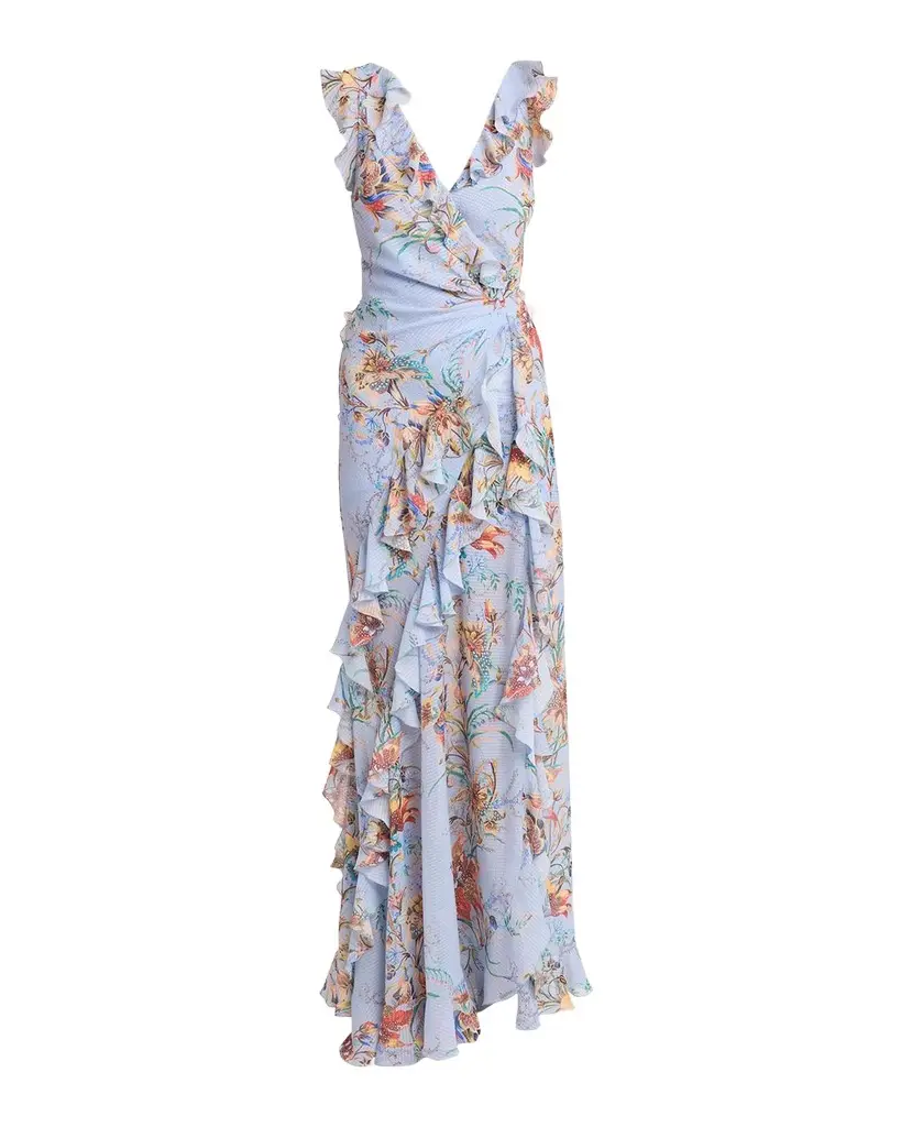 Etro Floral-Print Seersucker Ruffled Slit Maxi Dress