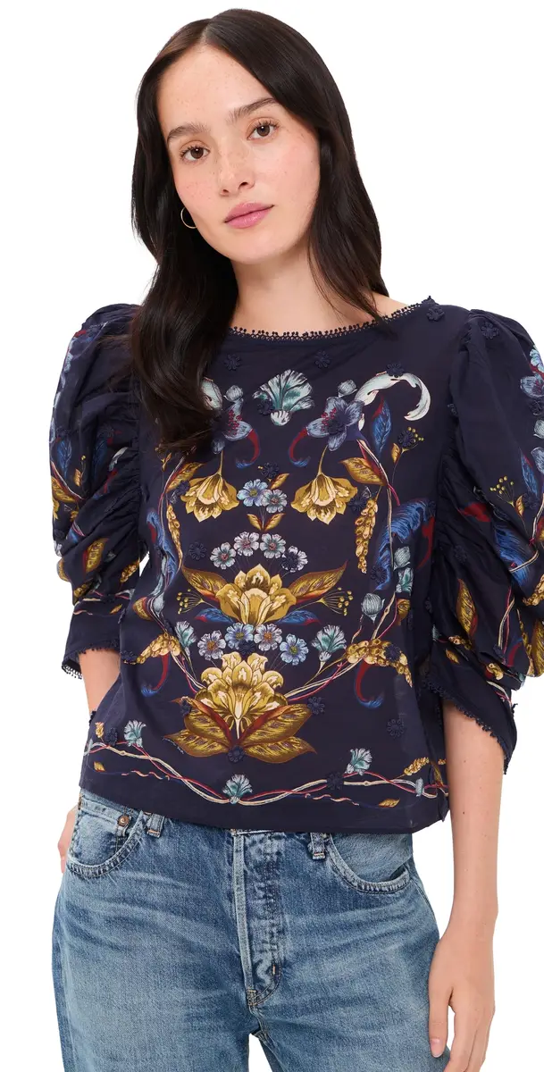 Farm Rio Golden Nature Navy Blue Blouse Golden Nature Navy Blue | Image 1 Farm Rio Golden Nature Navy Blue Blouse Golden Nature Navy Blue | Image 1