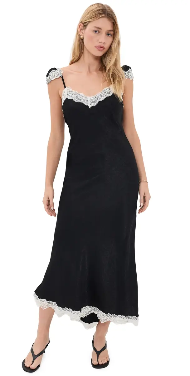 Another Girl Lace Trim atin Maxi lip Dress Black | Image 1 Another Girl Lace Trim atin Maxi lip Dress Black | Image 1