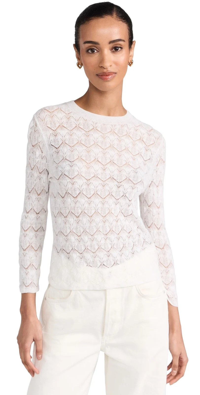 Fine Lace 3/4 Sleeve Crew Neck Top