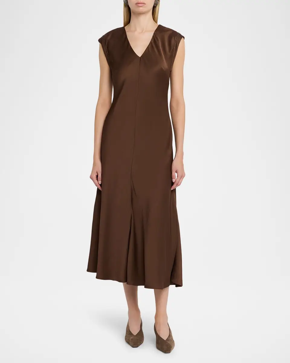 Brunello Cucinelli V-Neck Monili Sleeveless Satin Midi Dress | Thumbnail 2 Brunello Cucinelli V-Neck Monili Sleeveless Satin Midi Dress | Thumbnail 2